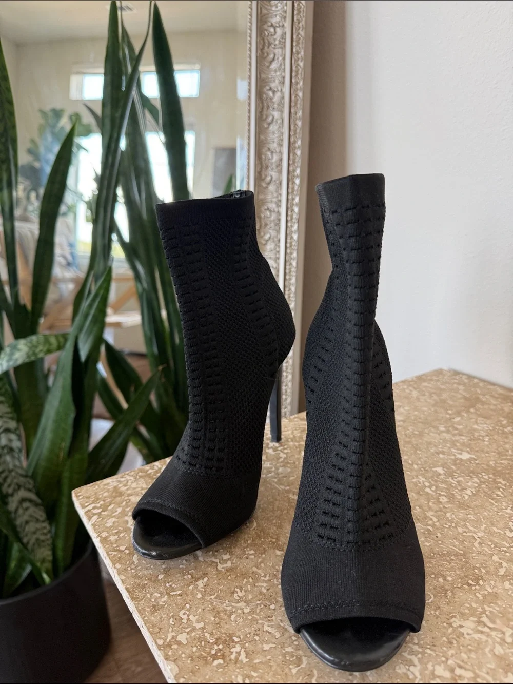 Steve Madden Black Knit Peep-Toe Stiletto Booties